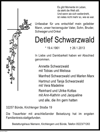 Traueranzeige von Detlef Schwarzwald von Deister- und Weserzeitung