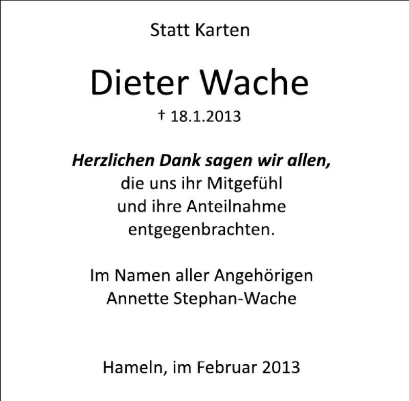  Traueranzeige für Dieter Wache vom 23.02.2013 aus Deister- und Weserzeitung
