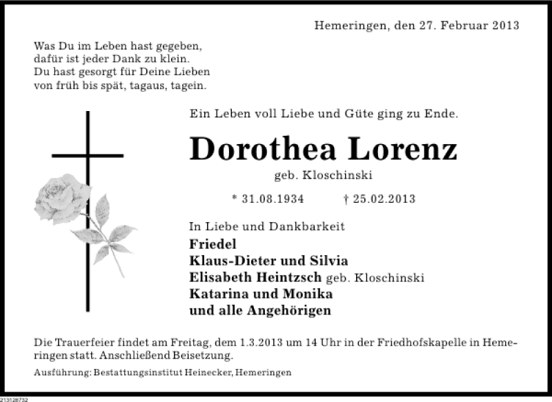  Traueranzeige für Dorothea Lorenz vom 27.02.2013 aus Deister- und Weserzeitung