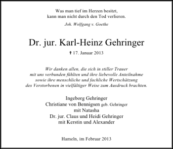 Traueranzeige von Dr. jur. Karl-Heinz Gehringer von Deister- und Weserzeitung