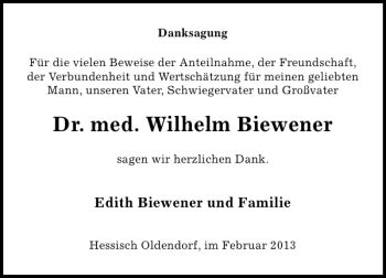 Traueranzeige von Dr. med. Wilhelm Biewener von Deister- und Weserzeitung