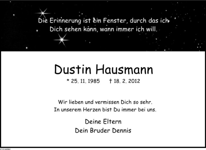  Traueranzeige für Dustin Hausmann vom 18.02.2013 aus Deister- und Weserzeitung