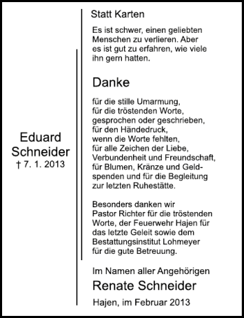 Traueranzeige von Eduard Schneider von Deister- und Weserzeitung