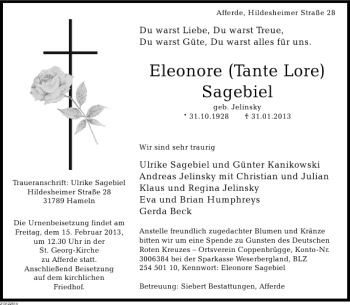 Traueranzeige von Eleonore Tante Lore Sagebiel von Deister- und Weserzeitung