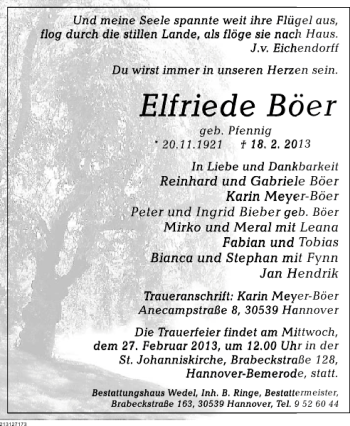 Traueranzeige von Elfriede Böer von Deister- und Weserzeitung
