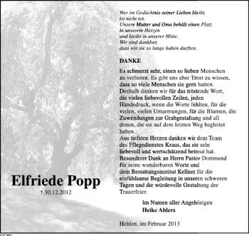 Traueranzeige von Elfriede Popp von Deister- und Weserzeitung