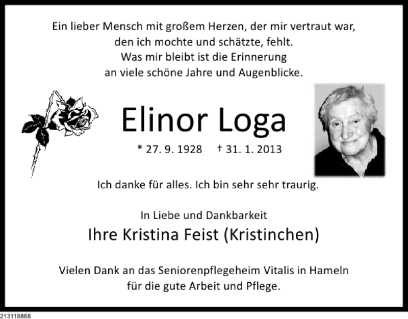  Traueranzeige für Elinor Loga vom 13.02.2013 aus Deister- und Weserzeitung