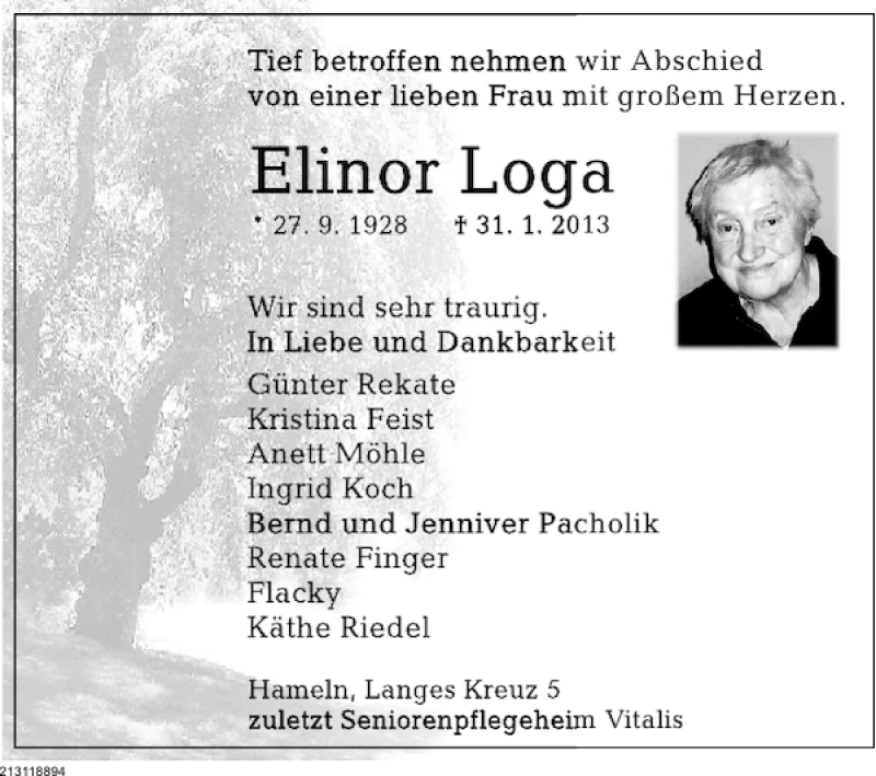  Traueranzeige für Elinor Loga vom 09.02.2013 aus Deister- und Weserzeitung