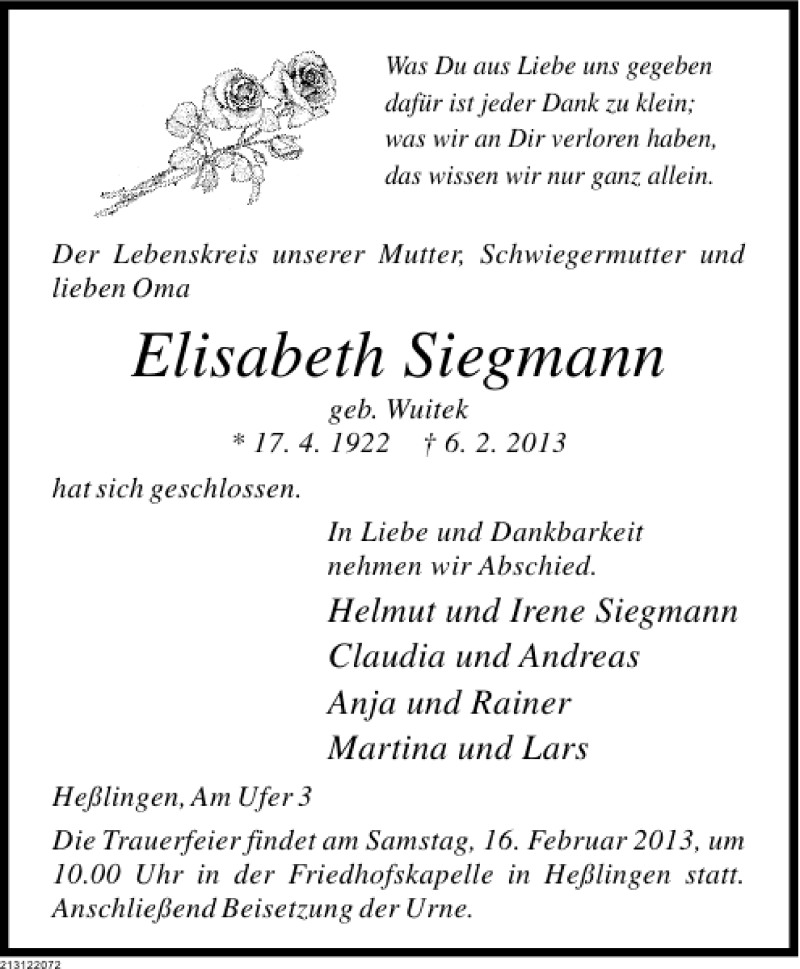  Traueranzeige für Elisabeth Siegmann vom 12.02.2013 aus Deister- und Weserzeitung