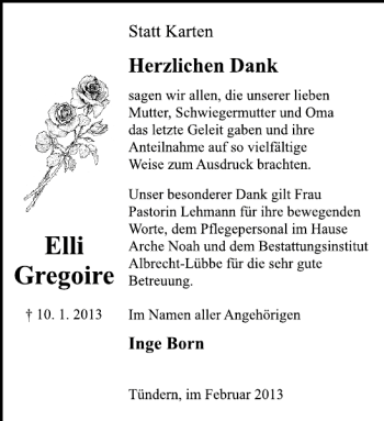 Traueranzeige von Elli Gregoire von Deister- und Weserzeitung