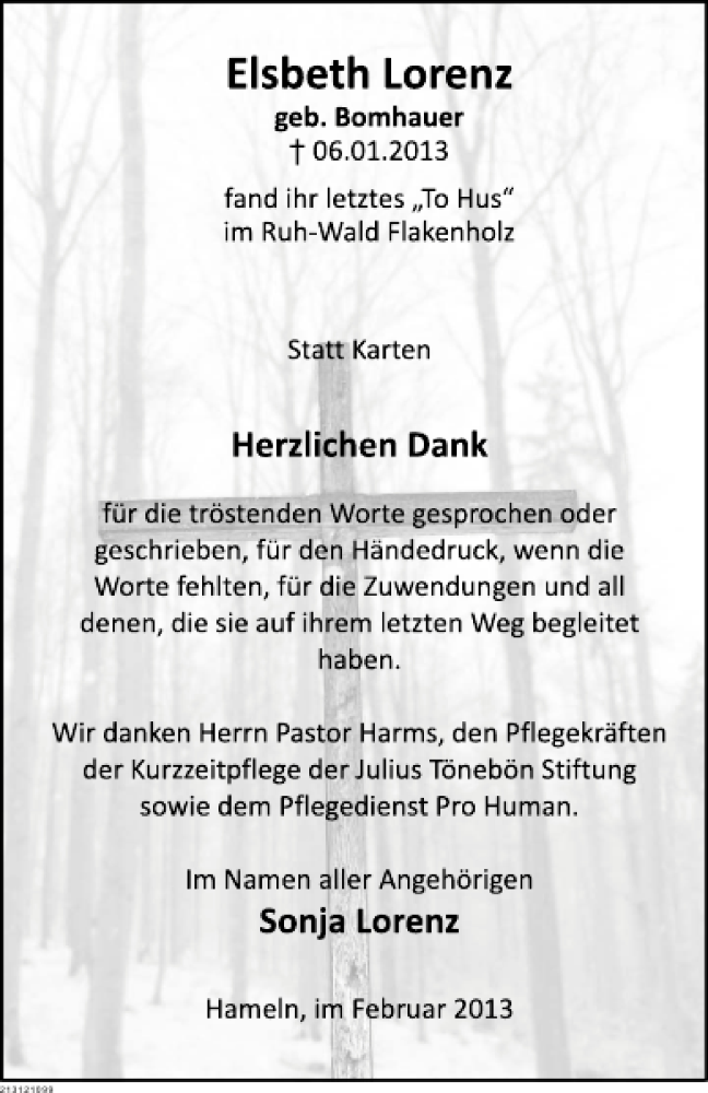  Traueranzeige für Elsbeth Lorenz vom 09.02.2013 aus Deister- und Weserzeitung