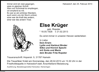 Traueranzeige von Else Krüger von Deister- und Weserzeitung
