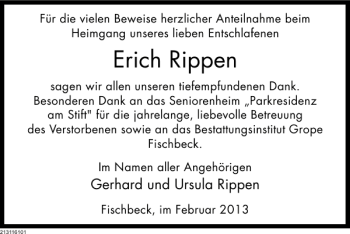 Traueranzeige von Erich Rippen von Deister- und Weserzeitung