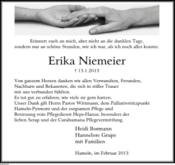 Traueranzeige von Erika Niemeier von Deister- und Weserzeitung