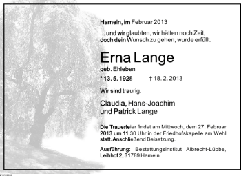 Traueranzeige von Erna Lange von Deister- und Weserzeitung