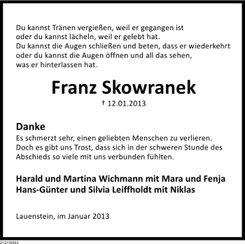 Traueranzeige von Franz Skowranek von Deister- und Weserzeitung