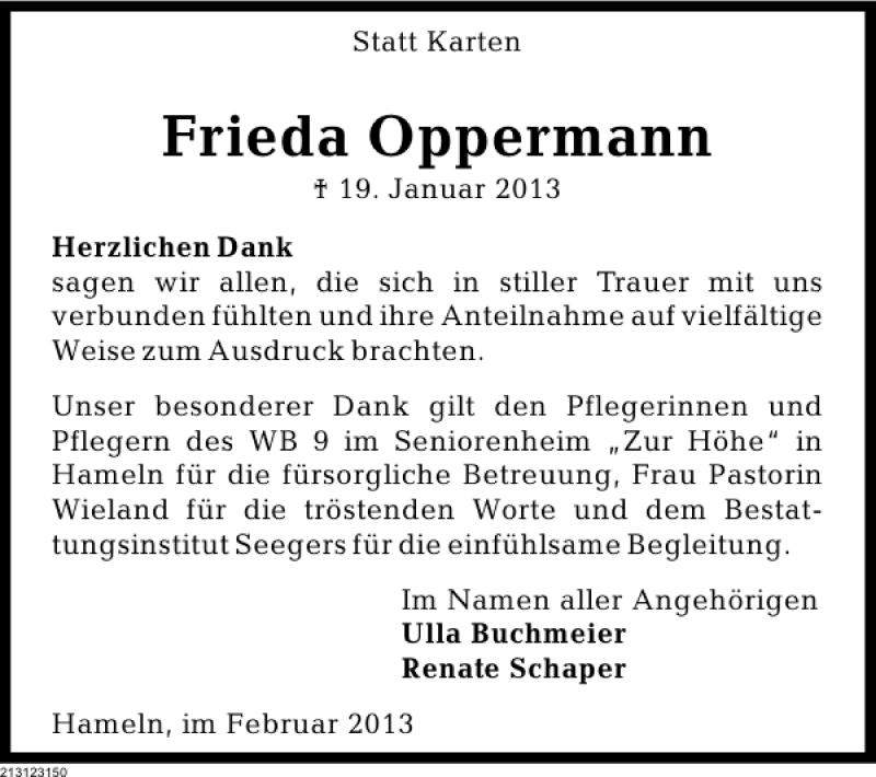  Traueranzeige für Frieda Oppermann vom 14.02.2013 aus Deister- und Weserzeitung