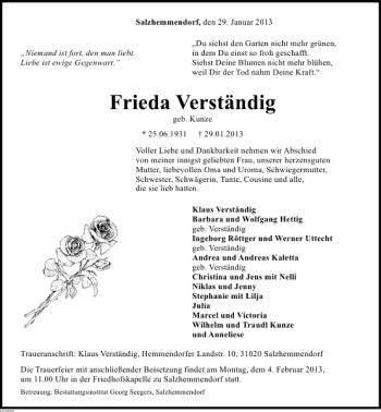 Traueranzeige von Frieda Verständig von Deister- und Weserzeitung