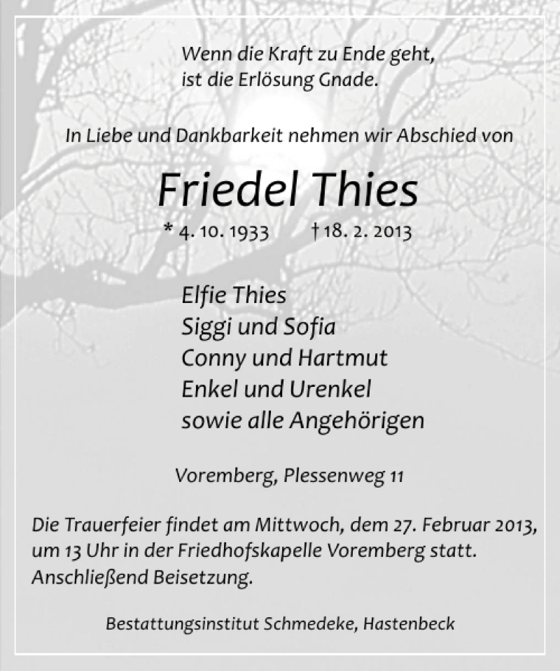  Traueranzeige für Friedel Thies vom 23.02.2013 aus Deister- und Weserzeitung