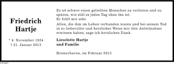 Traueranzeige von Friedrich Hartje von Deister- und Weserzeitung