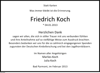 Traueranzeige von Friedrich Koch von Deister- und Weserzeitung