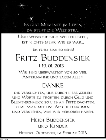 Traueranzeige von Fritz Buddensiek von Deister- und Weserzeitung
