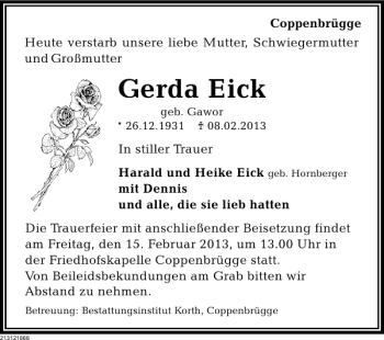 Traueranzeige von Gerda Eick von Deister- und Weserzeitung