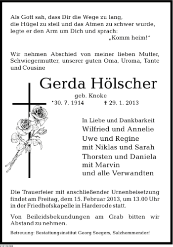 Traueranzeige von Gerda Hölscher von Deister- und Weserzeitung