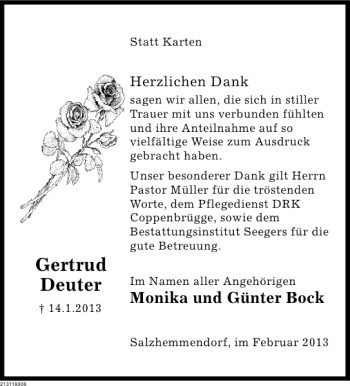 Traueranzeige von Gertrud Deuter von Deister- und Weserzeitung
