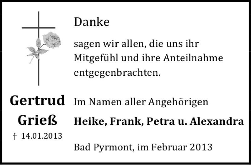  Traueranzeige für Gertrud Grieß vom 09.02.2013 aus Deister- und Weserzeitung
