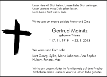 Traueranzeige von Gertrud Mainitz von Deister- und Weserzeitung