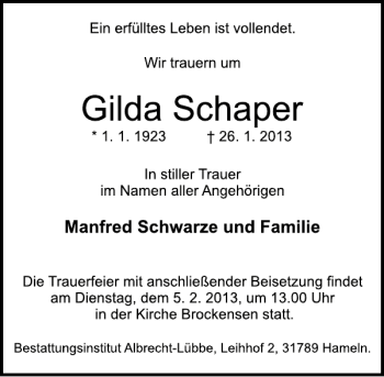 Traueranzeige von Gilda Schaper von Deister- und Weserzeitung
