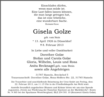 Traueranzeige von Gisela Golze von Deister- und Weserzeitung
