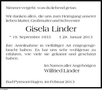 Traueranzeige von Gisela Linder von Deister- und Weserzeitung