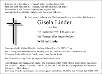 Traueranzeige von Gisela Linder von Deister- und Weserzeitung