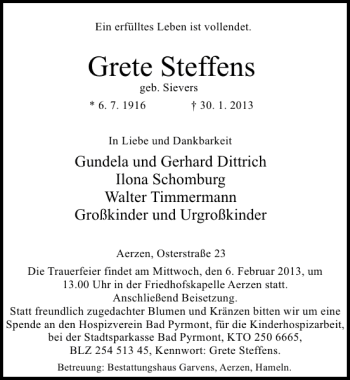 Traueranzeige von Grete Steffens von Deister- und Weserzeitung