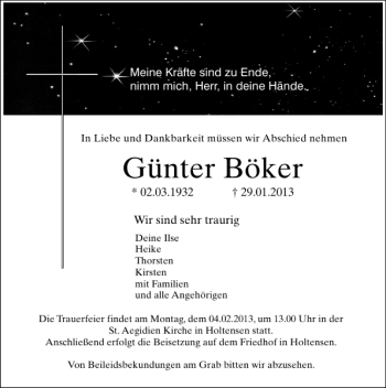 Traueranzeige von Günter Böker von Deister- und Weserzeitung