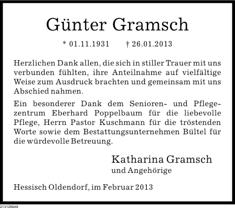  Traueranzeige für Günter Gramsch vom 23.02.2013 aus Deister- und Weserzeitung