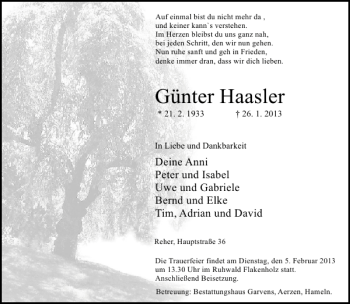 Traueranzeige von Günter Haasler von Deister- und Weserzeitung