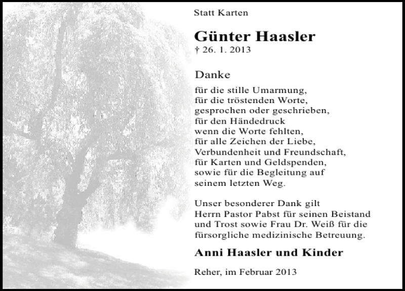  Traueranzeige für Günter Haasler vom 23.02.2013 aus Deister- und Weserzeitung