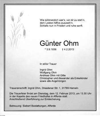 Traueranzeige von Günter Ohm von Deister- und Weserzeitung