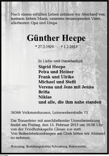 Traueranzeige von Günther Heepe von Deister- und Weserzeitung