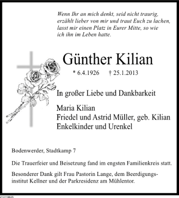 Traueranzeige von Günther Kilian von Deister- und Weserzeitung