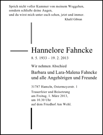 Traueranzeige von Hannelore Fahncke von Deister- und Weserzeitung