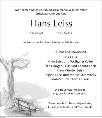 Traueranzeige von Hans Leiss von Deister- und Weserzeitung