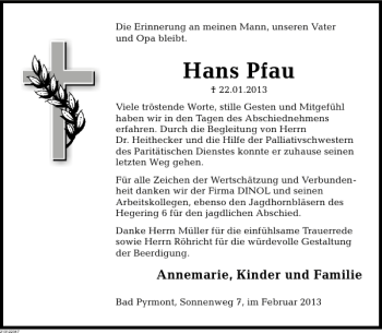 Traueranzeige von Hans Pfau von Deister- und Weserzeitung