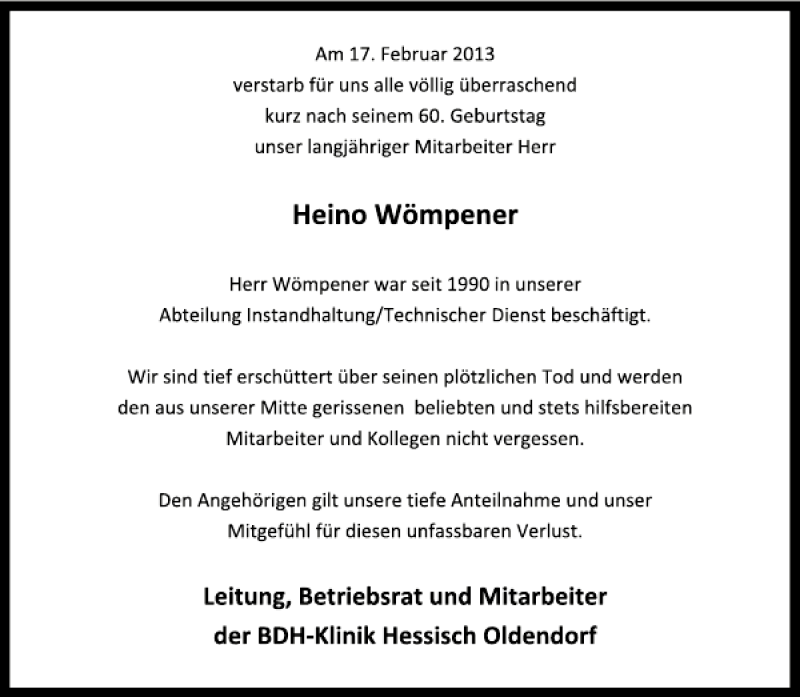  Traueranzeige für Heino Wömpener vom 20.02.2013 aus Deister- und Weserzeitung