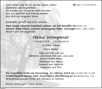 Traueranzeige von Heino Wömpener von Deister- und Weserzeitung