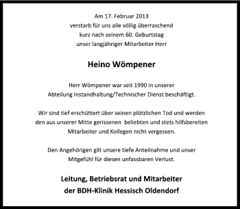 Traueranzeige von Heino Wömpener von Deister- und Weserzeitung