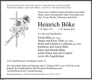 Traueranzeige von Heinrich Böke von Deister- und Weserzeitung